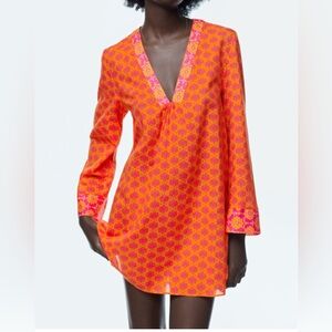 ZARA Printed Short Mini Carmela Dress Cover up Vibrant Orange Pink Beach Pool M